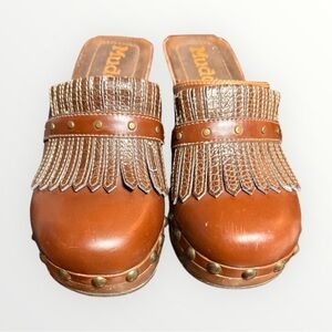 Vintage Mudd Brown Leather Mules with Gold Studs